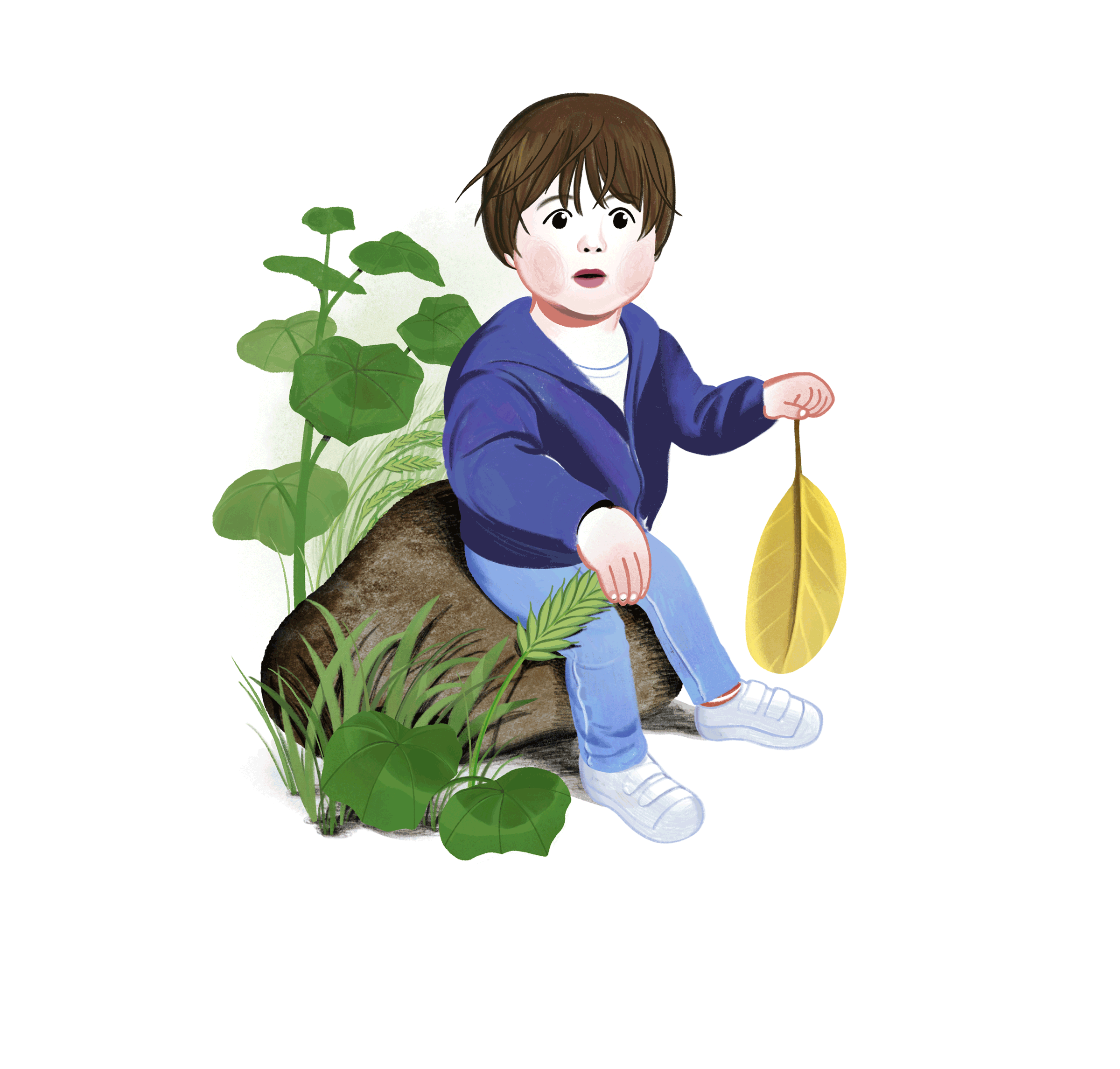 A child sits on a rock while twirling a leaf in his hand.